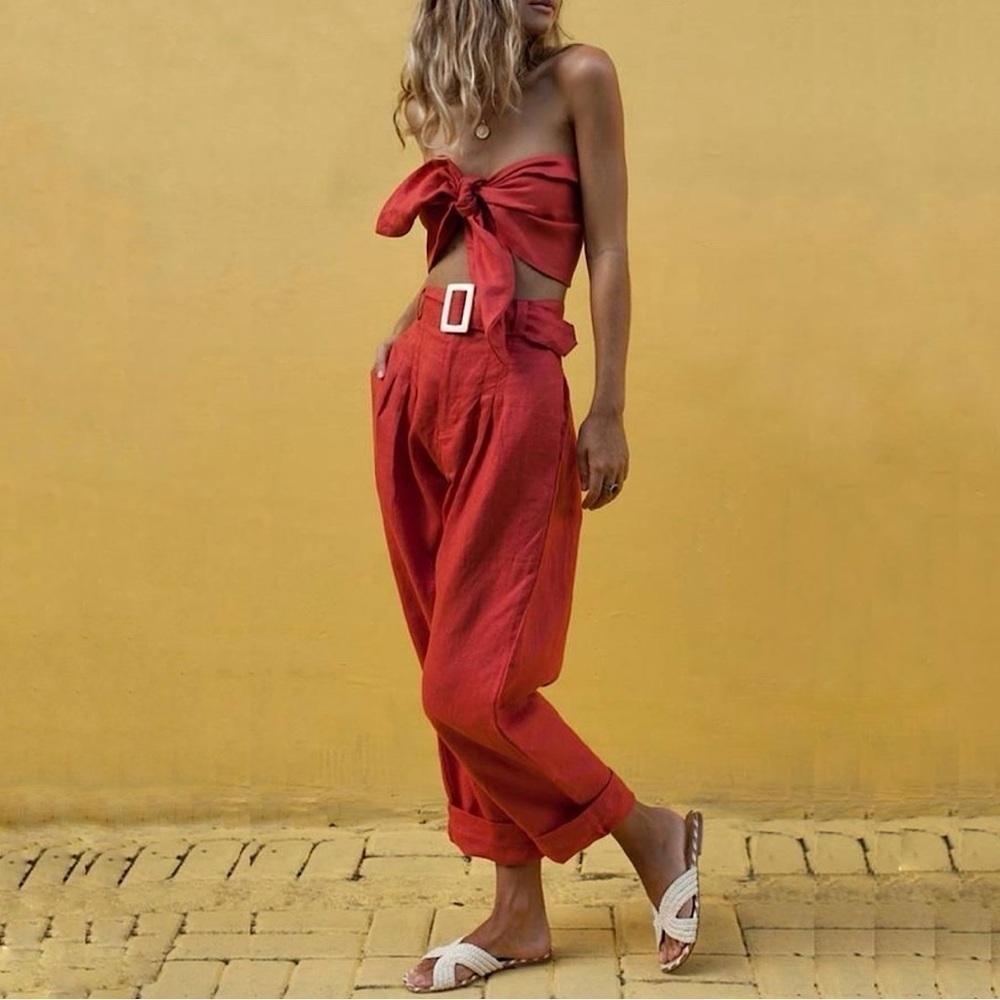 NWT Posse The Label Gemini Linen Pant Pleated High Waist Belted Trouser Melon XS